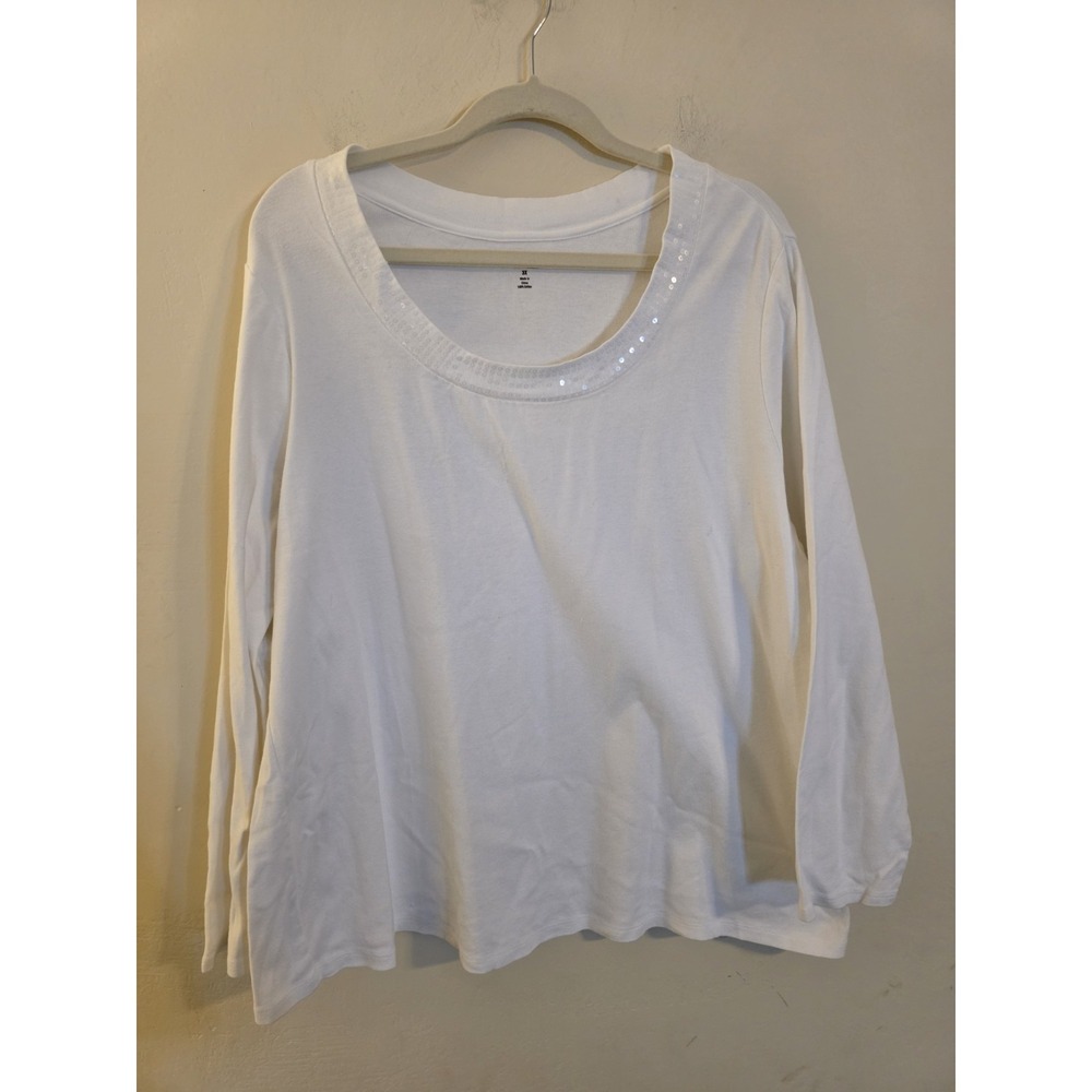 Style & Co Women's 3X White Cotton Embellished‎ Scoop Neck Long Sleeve Knit Top